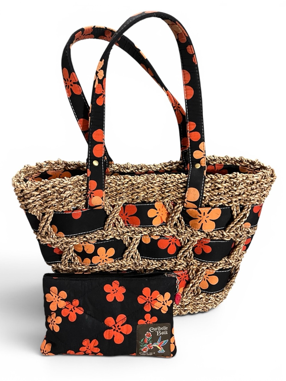 Caribelle Batik St Kitts Straw Woven Floral Beach Tote Bag & Pouch Set